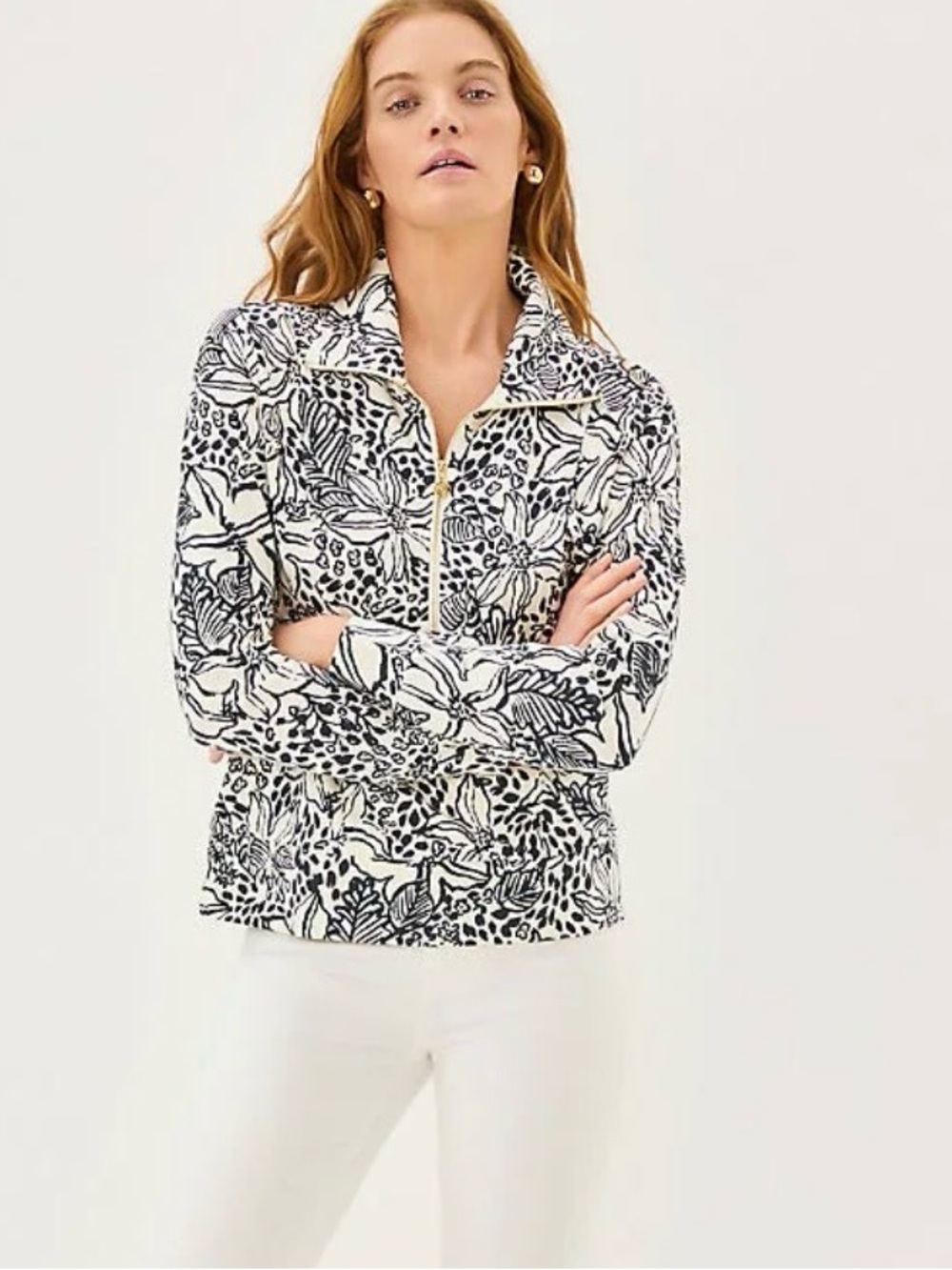 Lilly Pulitzer Eleni UPF 50+ Pullover Half-Zip Onyx Lots to Spot Floral Black XS